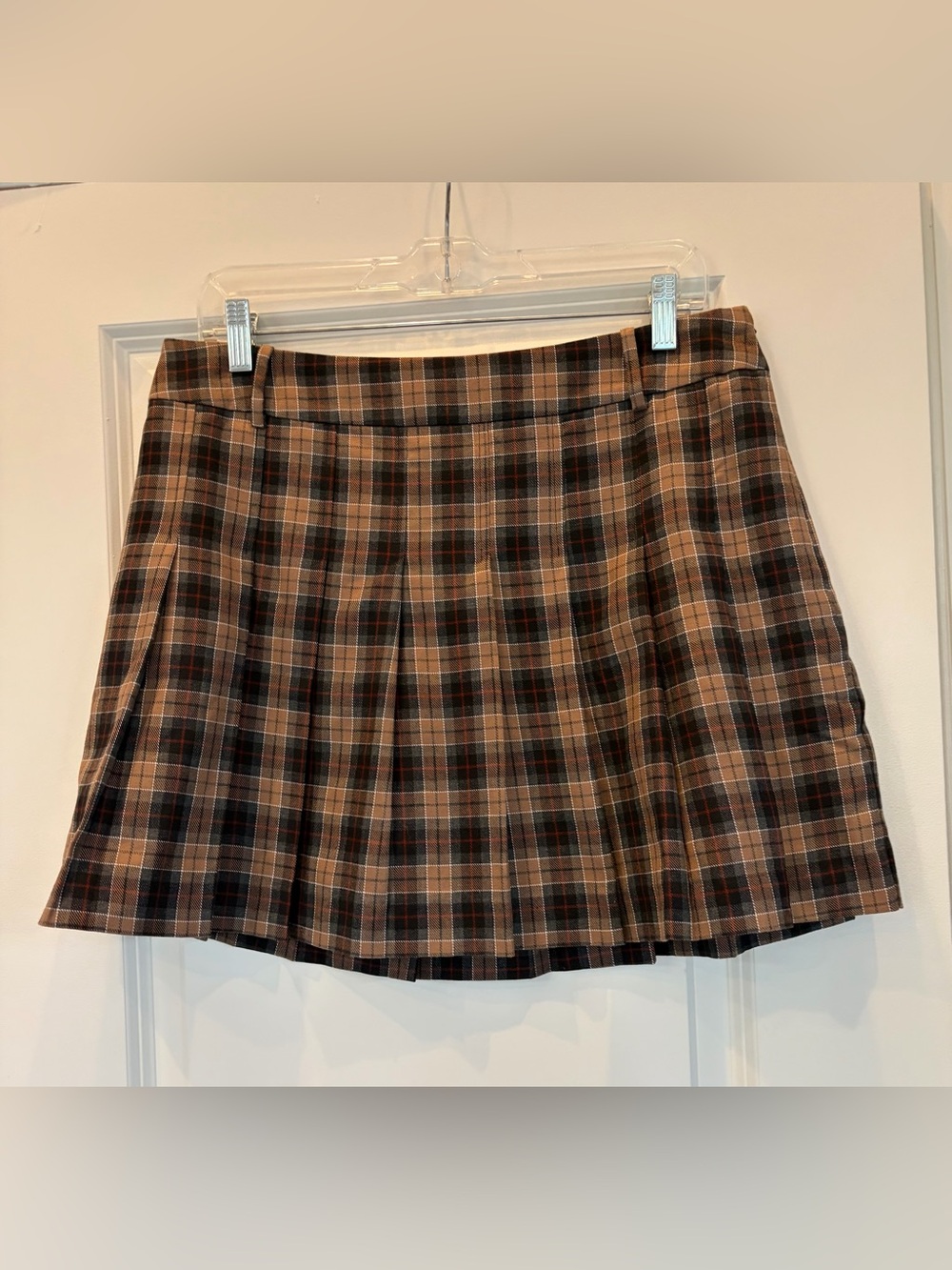 WAYF Plaid Pleated Mini Skirt in Brown and Tan